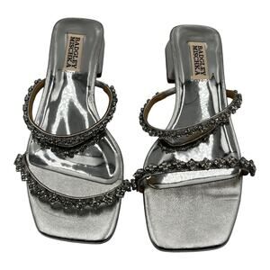 Badgley Mischka Rhinestone Embellished Slip On Low Block Heel Sandals Silver 6